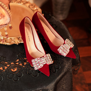 <b>Red</b> Velvet Bridal Pumps Pointed Toe Block <b>Heel</b> Rhinestone Decor Slip-On High <b>Heel</b> Wedding Shoes 6555H-059 - Product Image 3