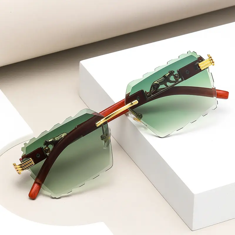 Nueva moda madera Metal leopardo gafas de sol Retro Vintage cuadrado sin montura mujeres hombres tonos UV400 borde cortado gafas de sol 2024