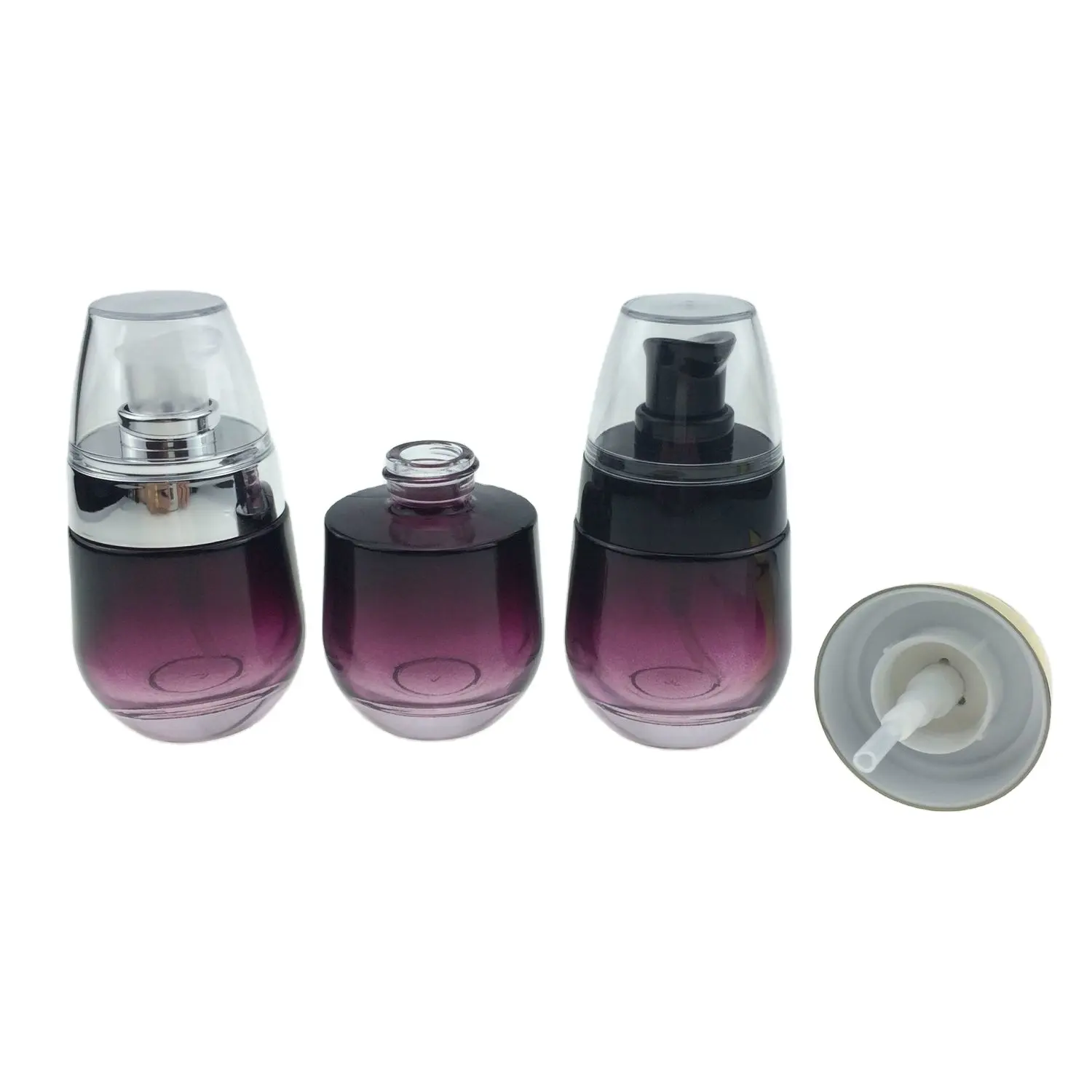 customize empty glass style 30ml glass liquid foundation cosmetic bottle purple glass pump bottle with cover