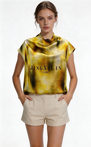 Haut <span class=keywords><strong>sans</strong></span> manches décontracté en soie martelée avec tissu froissé dégradé jaune, respirant et élégant, à tombé fluide - Product Image 2