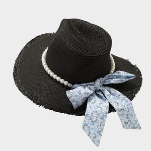 Chapeau de paille d'été pour femme avec nœud en perles et ruban, idéal pour les vacances décontractées à la plage et la protection solaire - Product Image 6