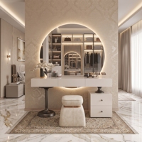 Coiffeuse de luxe moderne en bois blanc avec grand miroir LED rétroéclairé et tabouret sur pied – Ensemble de coiffeuse minimaliste pour chambre d'appartement