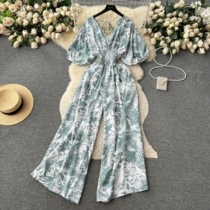 Combinaison de Vacances pour <span class=keywords><strong>Femme</strong></span> Décontractée d'Été, Jambes Larges, Manches Longues Ballon, Taille Élastique, Design Amincissant - Product Image 2