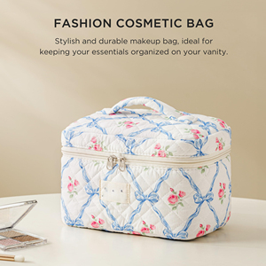 Quilted Cotton Makeup <b>Bag</b>,Coquette Quilted Toiletry <b>Bag</b> for Women and Girls - Product Image 3