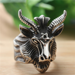 Animal Sheep Head <b>Ring</b> Silver Men's Punk Retro Stainless Steel Six Pointed Star 27050 - Product Image 1