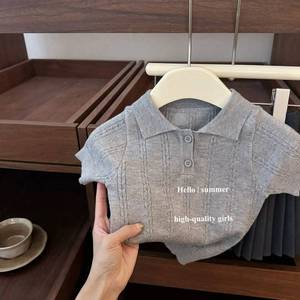 Tongxingyuan Girls School Uniform Short Sleeve Polo Knitted Top With Pleated Skirt Set Solid Color Cotton Outfit - Product Image 3