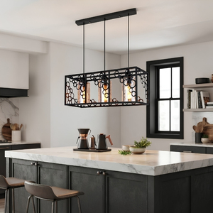 Suspension linéaire contemporaine à 3 lumières en cage de fer avec anneaux à bulles pour table à manger et comptoir de bar - Product Image 1