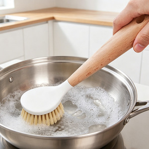 Wooden Cleaning Brush Bamboo Bristles Non-Stick Pan Scrubber Kitchen Dishwashing Tool - Product Image 2