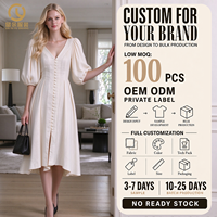 Robe midi élégante pour femme, col en V, 100% Lin Blanc, Coupe décontractée trapèze, avec Spandex, Modal, Coton, Volants, pour la plage, Couleur unie naturelle