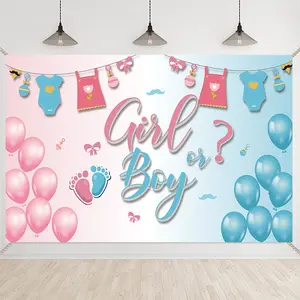New baby gender reveal banner celebrating baby birth balloons decorated scene layout hanging flags