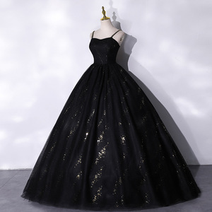 Black Ball Gown Evening Dress Sweetheart Neckline Straps Glitter Organza Fabric For Banquets Stage Performances - Product Image 3