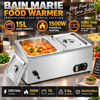 Bain-marie électrique commercial en acier inoxydable 220V 1500W, deux bacs, grande capacité 15L pour hôtels et restaurants