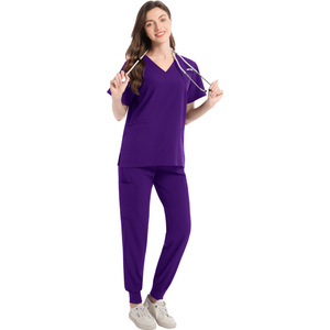 V-Neck Zip-Up Top And Jogging Pants Set Moisture Wicking Split Uniform Women Hospital Scrubs - Product Image 5