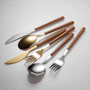 Wholesale Dinner Forks Spoon Travel Flatware <b>Set</b> Wood Grain <b>Plastic</b> Handle Gold Silverware <b>Set</b> Stainless Steel Spoon Knife Fork - Product Image 3