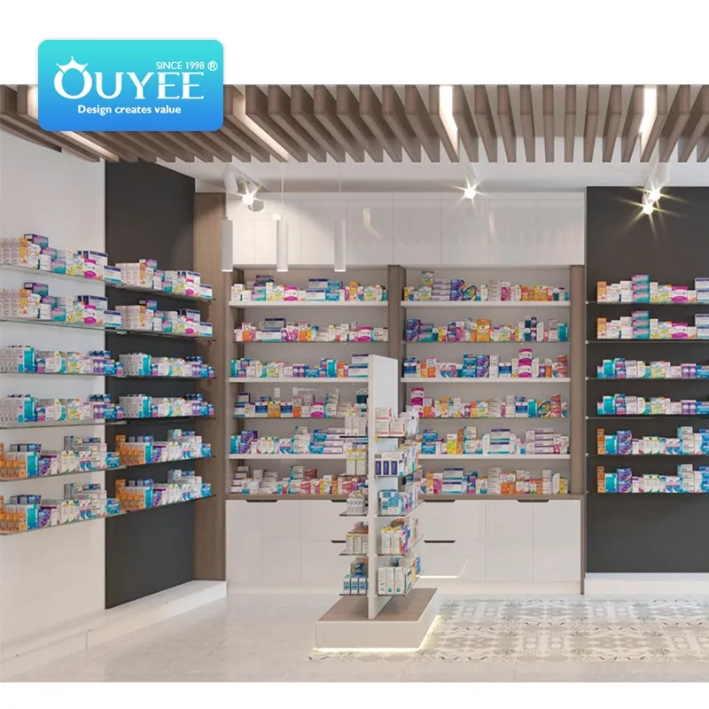 Moderne Apotheek Medische Winkel Interieur Layout Decoratie Ontwerp Aangepaste Drug Display Planken Meubels Medische Cash Teller