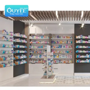 Modern Pharmacy Medical Shop Interior Layout Decoration Design Customized Drug Display Shelves Furniture Medical Cash Counter