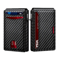Dompet Kartu Pria Custom Serat Karbon Kulit PU Bergaris Anti RFID Popup Aluminium Tempat Kartu Pria Dompet Pop Up
