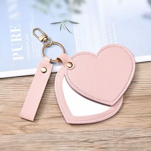 PU Leather Pocket Makeup Mirror Compact Heart Shape Mirror <b>Keychain</b> Rotating Mirror Keyring - Product Image 1