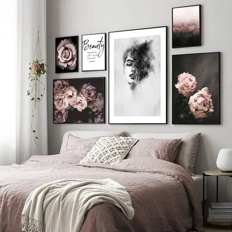 Nordic Fashion Wall Art Canvas Print Floral Rose Flower Poster Black White Woman Painting Girl Room Home Decoration Picture