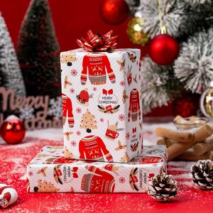 Christmas Wrapping <b>Paper</b> <b>Roll</b> 17 Inch X 33 Feet Red White Sweater Tree Design Eco Friendly Gift <b>Wrap</b> - Product Image 6