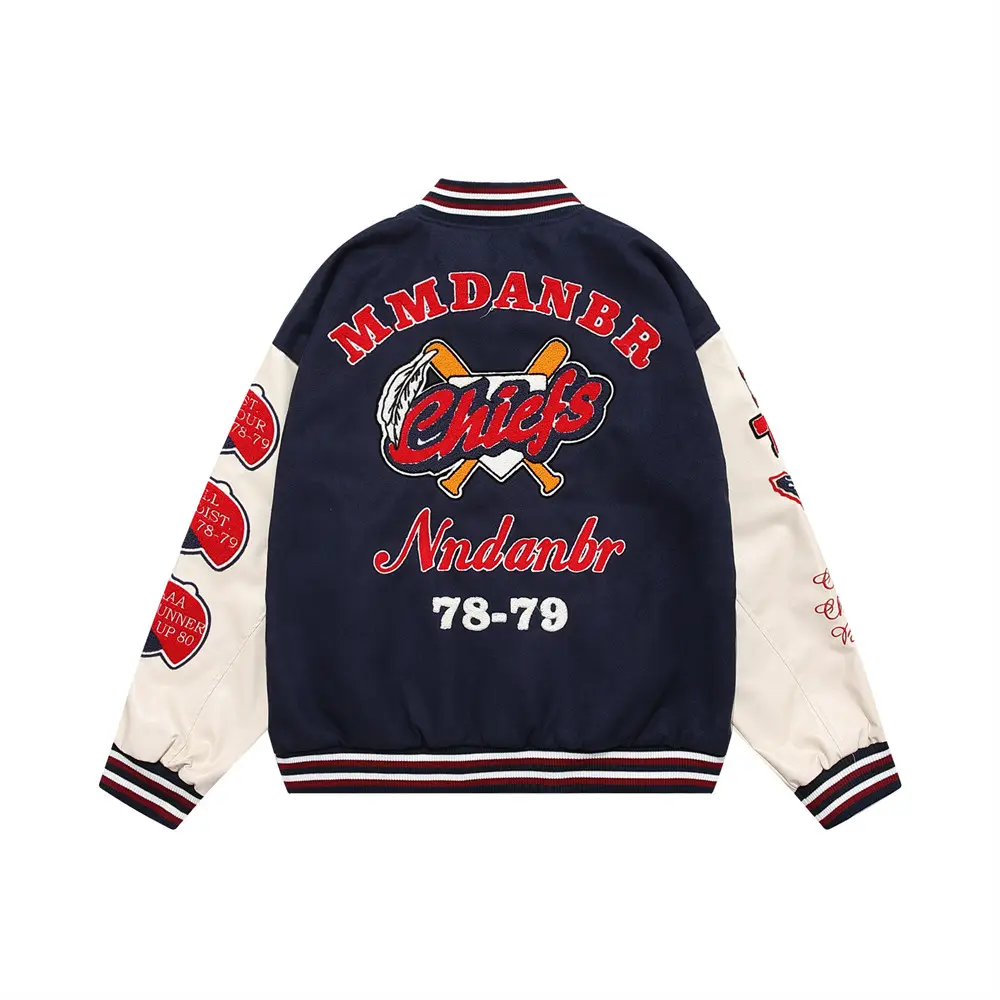 Jaqueta bomber OEM com desenho personalizado para homens, jaqueta bomber vintage Letterman de couro bordado e chenille