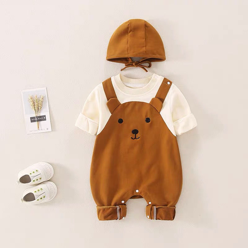 Combinaison patchwork bébé ours brun + bonnet