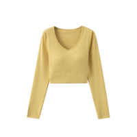 Haut court côtelé uni à manches longues pour femme, col en V avec soutien-gorge intégré, coupe ajustée, idéal pour la superposition – Vente en gros, directement de l'usine