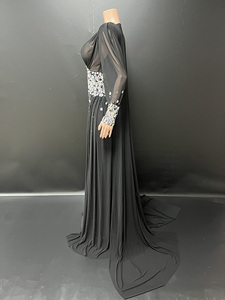 Abito da Sera Nero Elegante con <span class=keywords><strong>Maniche</strong></span> <span class=keywords><strong>Lunghe</strong></span>, Scollo a V Sexy, <span class=keywords><strong>Vestito</strong></span> da Cerimonia di Lusso con Diamanti - Product Image 4