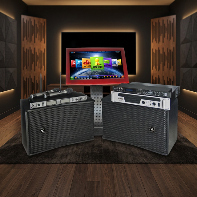 Professional KTV Studio Monitors Speaker System with 200W/800W Peak Power Amplifier Black Full Set for Home Use