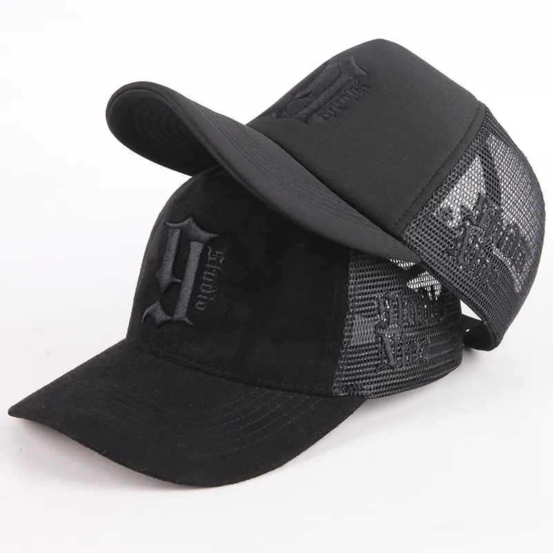 Wholesale custom high quality 5 panel black embroidery patch logo gorras mesh trucker hats caps