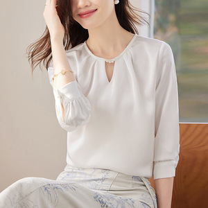 White Women's <b>Satin</b> Shirt Solid Color Long Sleeve Work <b>Blouse</b> Elegant Design - Product Image 1