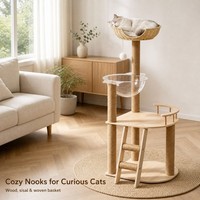Arbre à chat en bois compact en gros, tour à chat gain de place avec maisonnette pour chat, lit capsule spatiale et griffoir