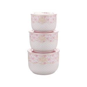 Bộ Bát Đựng Đồ Ăn Trưa Bằng Gốm 3 Món Kích Cỡ Khác Nhau 2L 1.3L 0.8L Với Đề Can Hoa Hồng Bộ Bát Sứ Có Nắp Nhựa - Product Image 3
