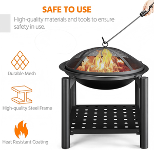 Patio Backyard 21.5 in Portable Round Steel Firepit Black <b>Wood</b> Burning <b>Fire</b> Pit with Rack - Product Image 5