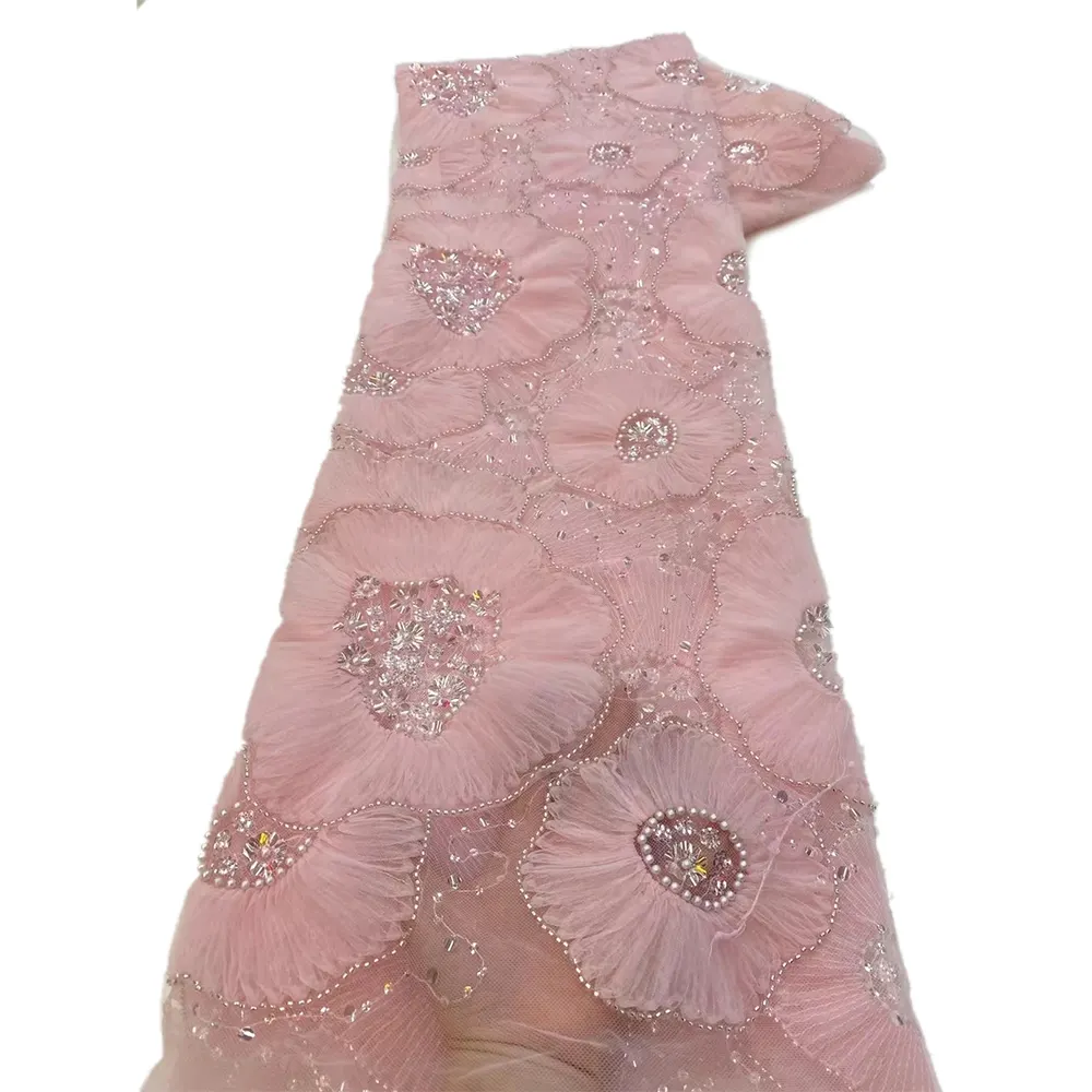Ni. Ai 3D hoa ren với hạt Ngọc Trai Chuỗi màu hồng ren sang trọng thêu hoa ren vải cho váy cưới
