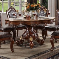Ensemble de table à manger ronde en bois massif de style européen orné, 6 chaises à dossier haut en cuir incluses, design artisanal respectueux de l'environnement