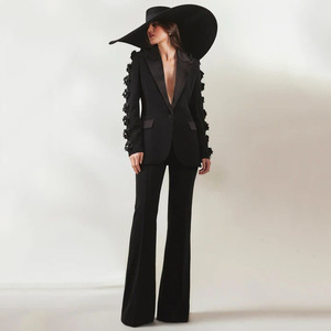 Manteau <span class=keywords><strong>de</strong></span> luxe noir à col en V et fleurs 3D pour femme, robe <span class=keywords><strong>de</strong></span> soirée <span class=keywords><strong>longue</strong></span> et pantalon droit, ensemble tailleur pour femme - Product Image 1