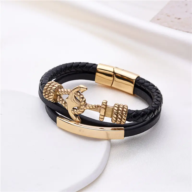 Hot Sales Fashion Charme Aço Inoxidável Corda Âncora Preto Multi-camada Pulseira Trançada De Couro Para Homens Jóias