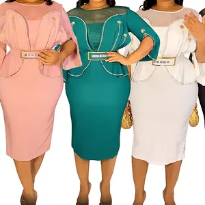 ZHEZHE yeni moda artı boyutu Abaya afrika ofis Midi elbise kadınlar için yüksek bel uzun kollu zarif takım kıyafet