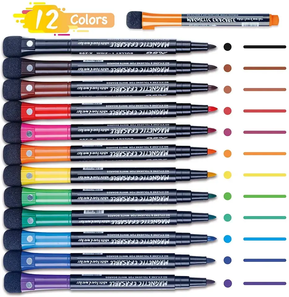 12 Sets Magnetische Whiteboard Pen Met Gum Droog Wissen Inkt Whiteboard Marker Met Bullet Tip