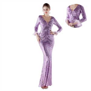 33850 #   Vestido de Noche de Manga Larga con Lentejuelas de Flores y Plumas de Avestruz, Estilo 2026 - Product Image 1