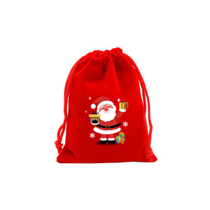 Sacs cadeaux en velours rouge vif de Noël avec cordon de serrage, motif dessin animé, forme rectangulaire, pour bonbons et pommes - Vente en gros fabricant - Product Image 4
