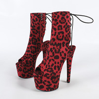 Stivaletti con Tacco a Spillo e Punta Aperta 17 CM/ 7'' con Lacci in Finta Pelle Scamosciata Leopardata, Scarpe con Plateau per Pole Dance, Taglie 34-43 #