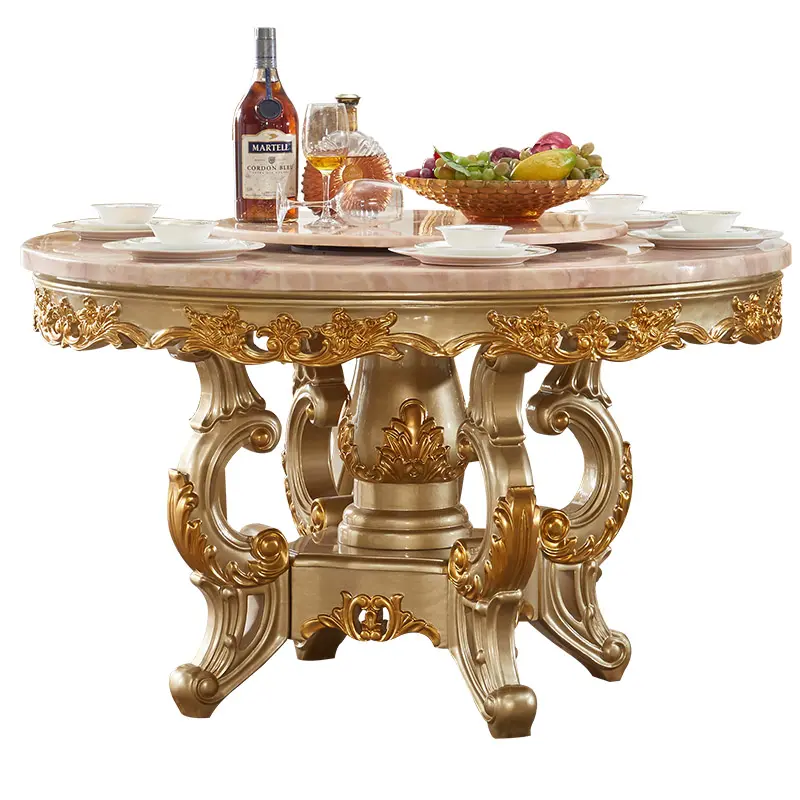 Avrupa yuvarlak mermer yemek masası sandalyeler kombinasyonu katı ahşap lüks şampanya altın yemek masası turntable ile fransız