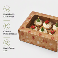 Boîte à cupcakes écologique sur le thème de Noël avec doublure en papier doré, en carton, avec fenêtre transparente