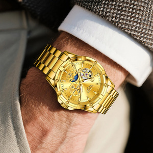 Reloj mecánico automático Lige para hombre, correa de acero inoxidable dorada, fase lunar, resistente al agua, luminoso, multifuncional - Product Image 2