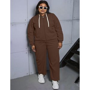 Conjunto deportivo de dos piezas para mujer de talla grande FOXA, sudadera con capucha y cremallera, pantalones deportivos de pierna ancha, ropa informal para estar en casa. - Product Image 4