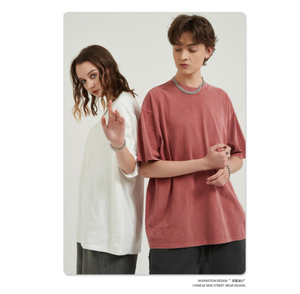 เสื้อยืดคอตตอนย้อมสีพื้นทรงโอเวอร์ไซส์ แขนสั้น คอกลม สีพื้น เสื้อยืดเจอร์ซีย์ถัก ระบายอากาศได้ดี ความยาวปกติ สำหรับผู้ชาย - Product Image 2