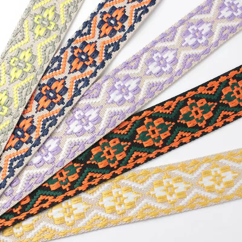 Wholesale 3.8CM 5CM Woven Vintage Embroidery Strap Ethnic Style Polyester Jacquard Webbing for Bag Shoulder Strap Garment Decor