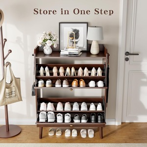 Meuble à <span class=keywords><strong>chaussures</strong></span> rustique brun du milieu du siècle, étroit et fin, avec 2 tiroirs rabattables et 2 étagères réglables - Product Image 2